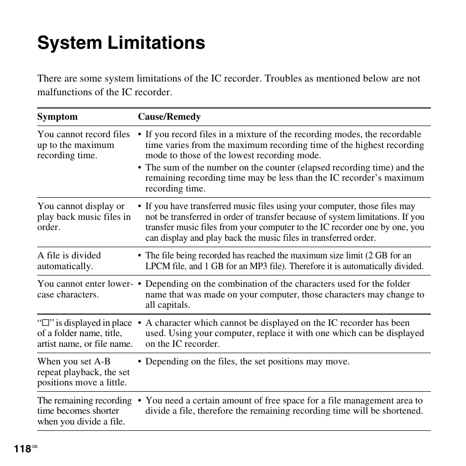 System limitations | Sony ICD-UX512BLK User Manual | Page 118 / 128