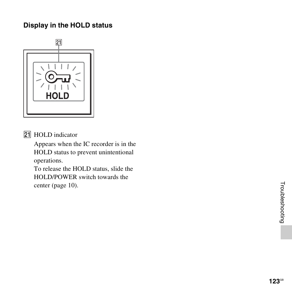 Display in the hold status | Sony ICD-UX512BLK User Manual | Page 123 / 128