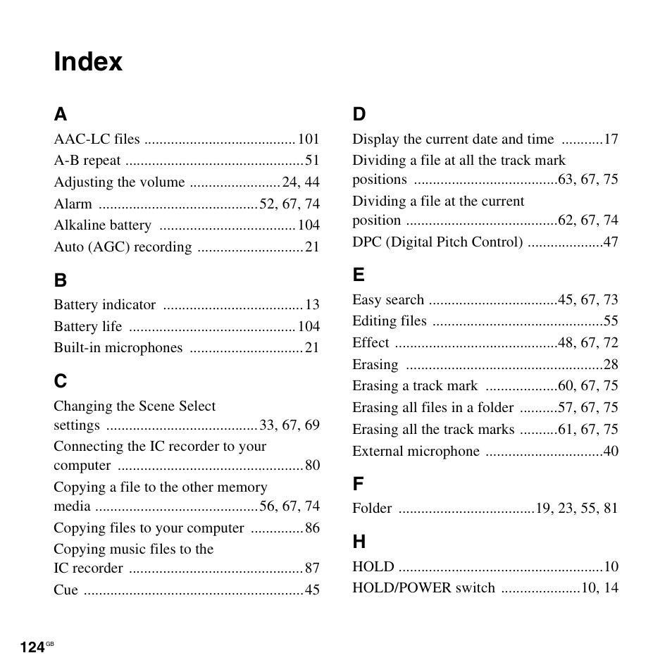 Index | Sony ICD-UX512BLK User Manual | Page 124 / 128