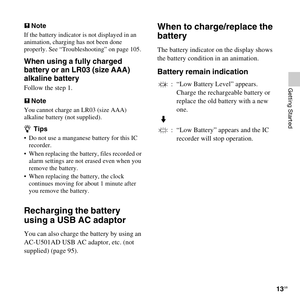 Recharging the battery using a usb ac adaptor, When to charge/replace the battery, Battery remain indication | Sony ICD-UX512BLK User Manual | Page 13 / 128