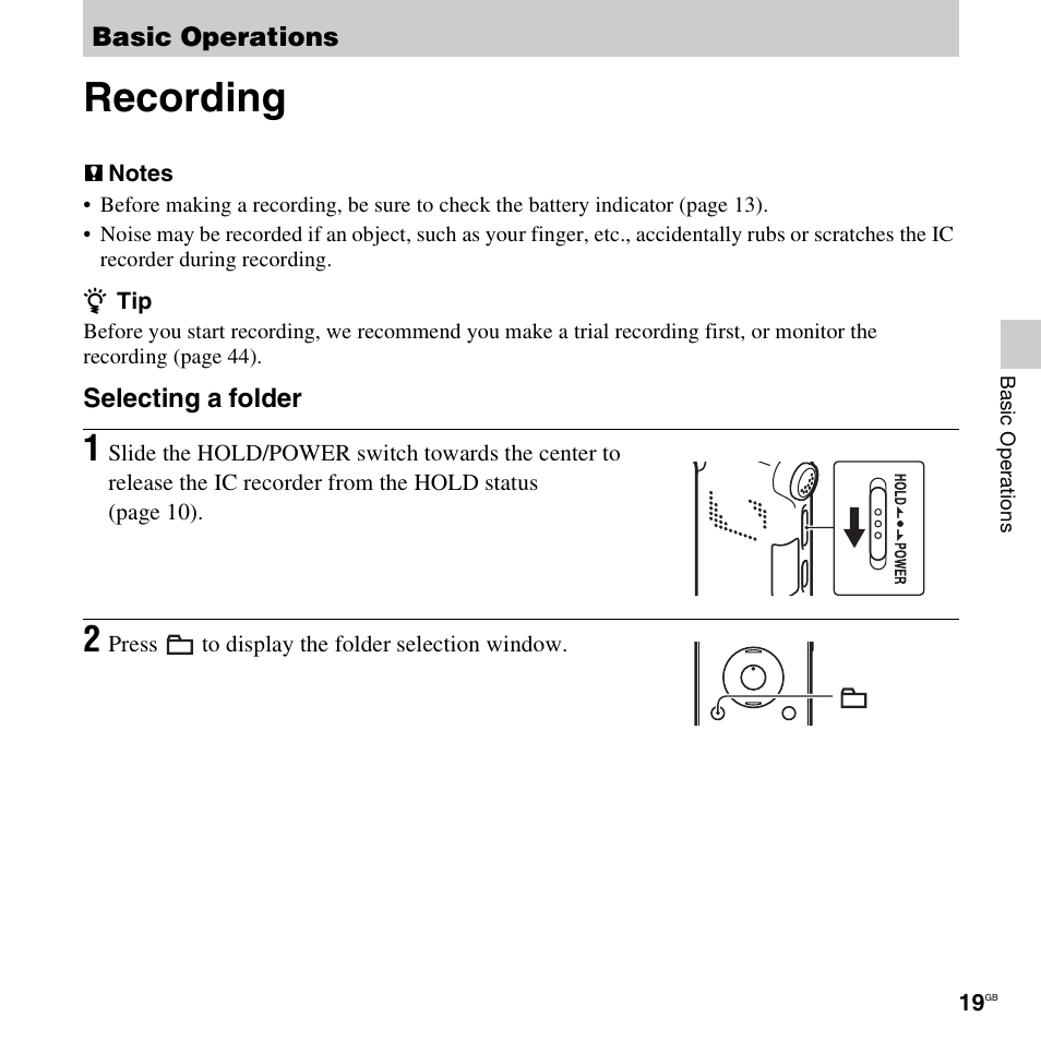 Basic operations, Recording | Sony ICD-UX512BLK User Manual | Page 19 / 128