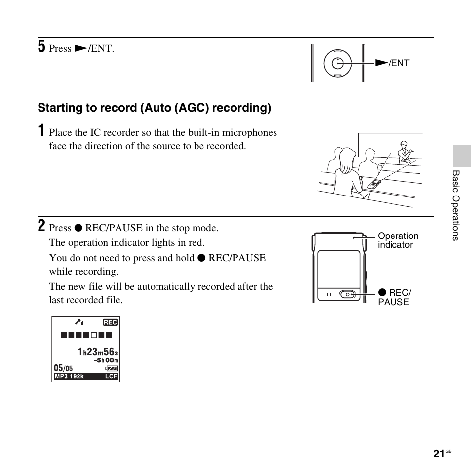 Starting to record (auto (agc) recording) | Sony ICD-UX512BLK User Manual | Page 21 / 128