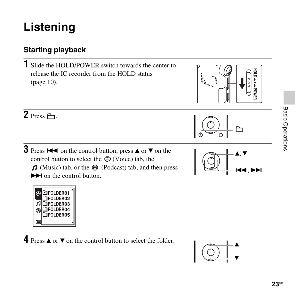 Listening | Sony ICD-UX512BLK User Manual | Page 23 / 128