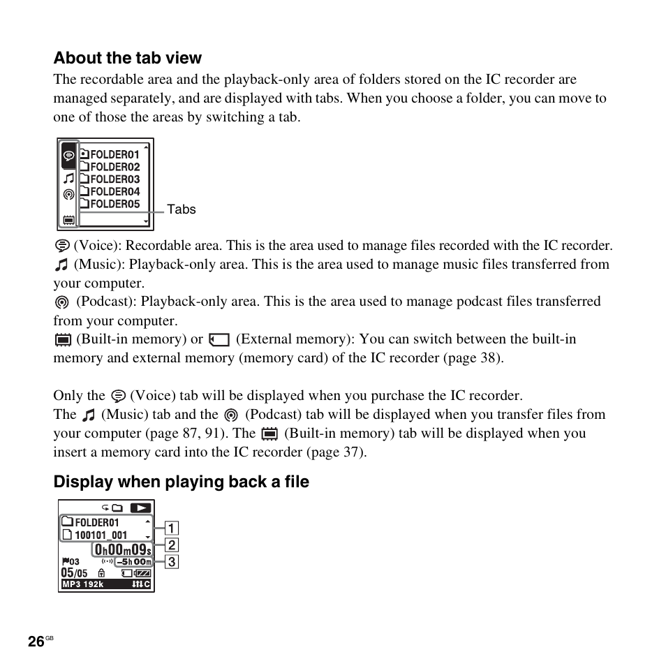 About the tab view, Display when playing back a file | Sony ICD-UX512BLK User Manual | Page 26 / 128