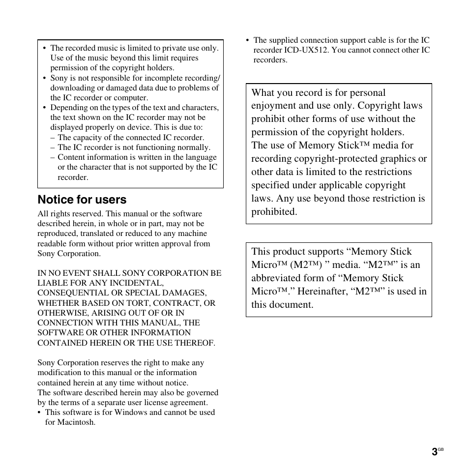 Notice for users | Sony ICD-UX512BLK User Manual | Page 3 / 128