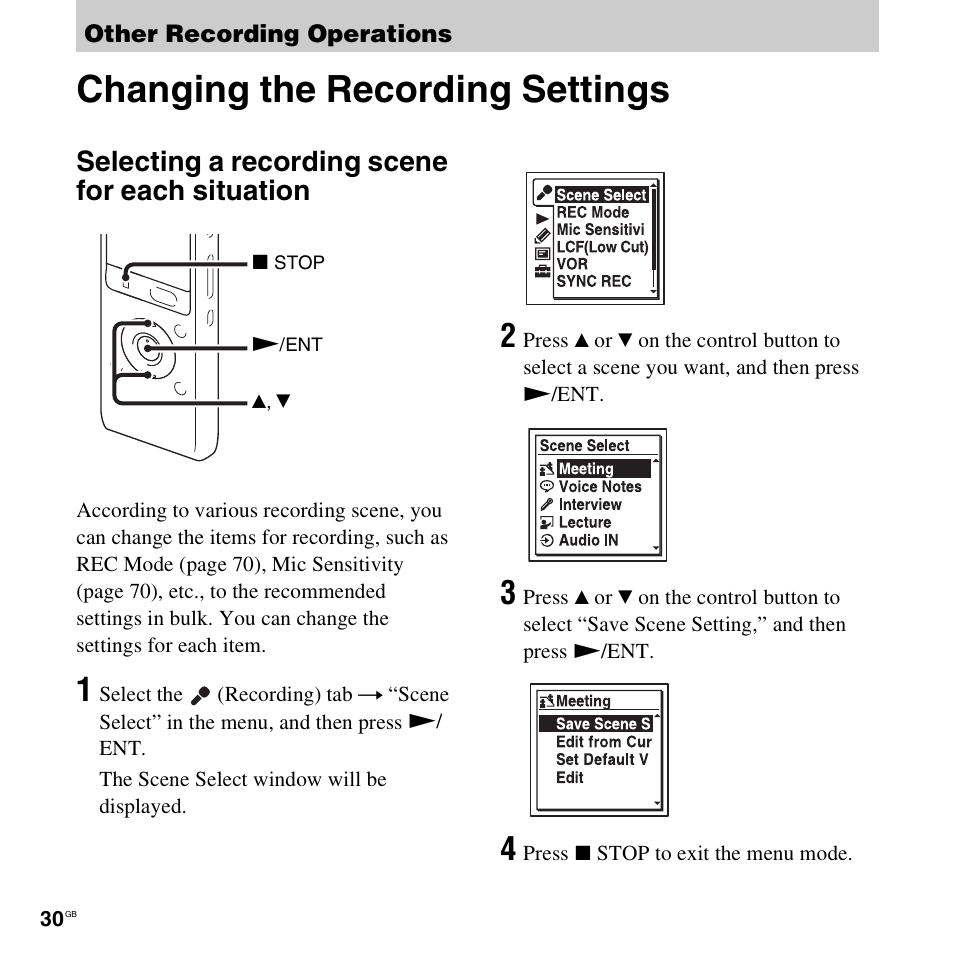 Other recording operations, Changing the recording settings, Selecting a recording scene for each situation | Sony ICD-UX512BLK User Manual | Page 30 / 128