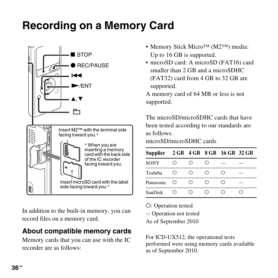 Recording on a memory card | Sony ICD-UX512BLK User Manual | Page 36 / 128