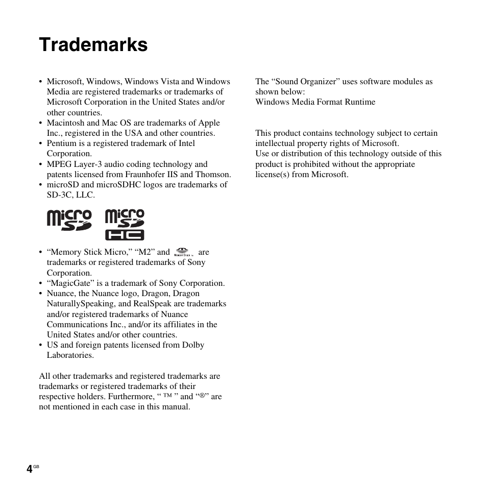 Trademarks | Sony ICD-UX512BLK User Manual | Page 4 / 128