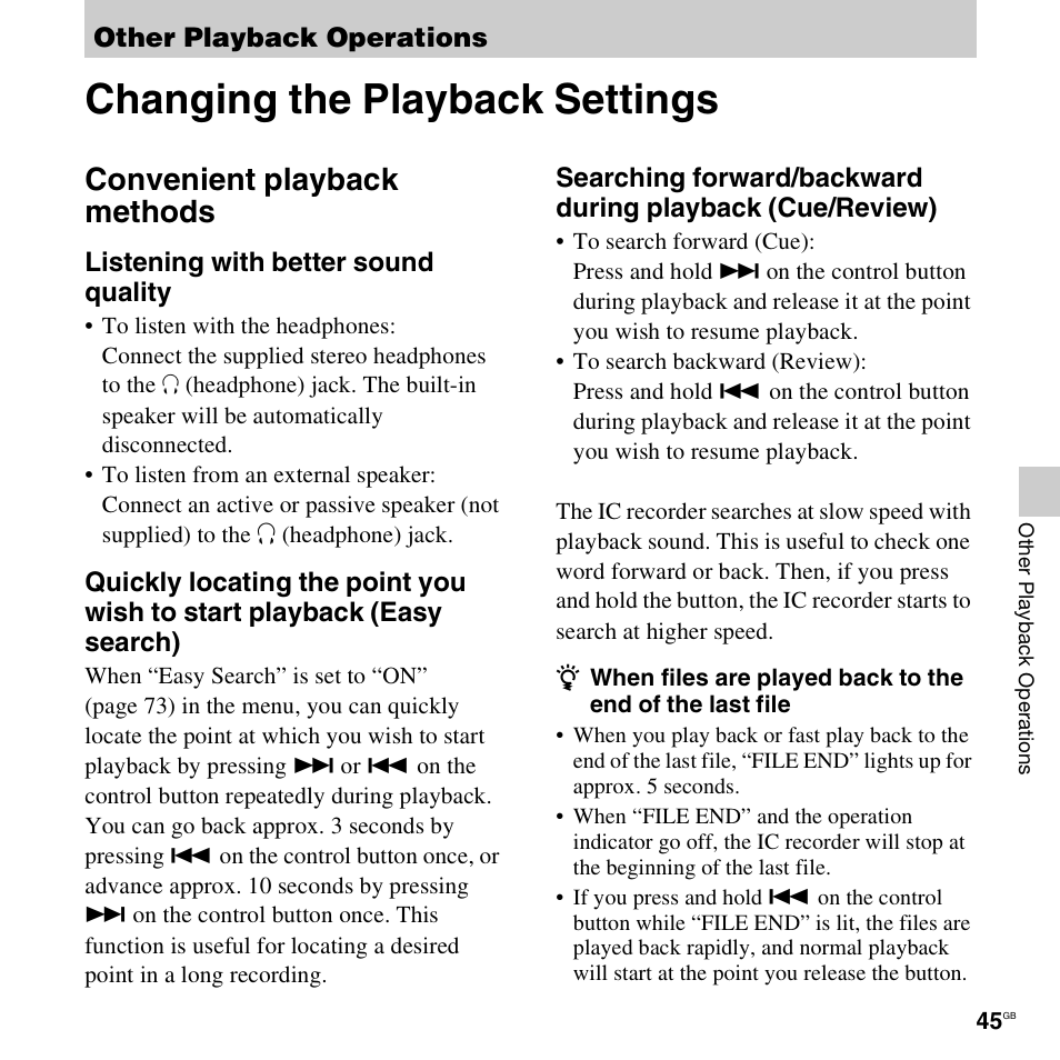 Other playback operations, Changing the playback settings, Convenient playback methods | Sony ICD-UX512BLK User Manual | Page 45 / 128