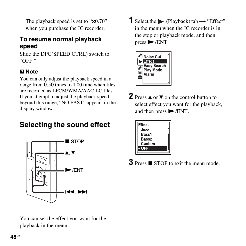 Selecting the sound effect | Sony ICD-UX512BLK User Manual | Page 48 / 128