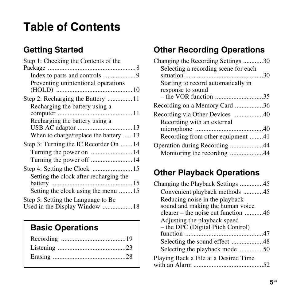 Sony ICD-UX512BLK User Manual | Page 5 / 128
