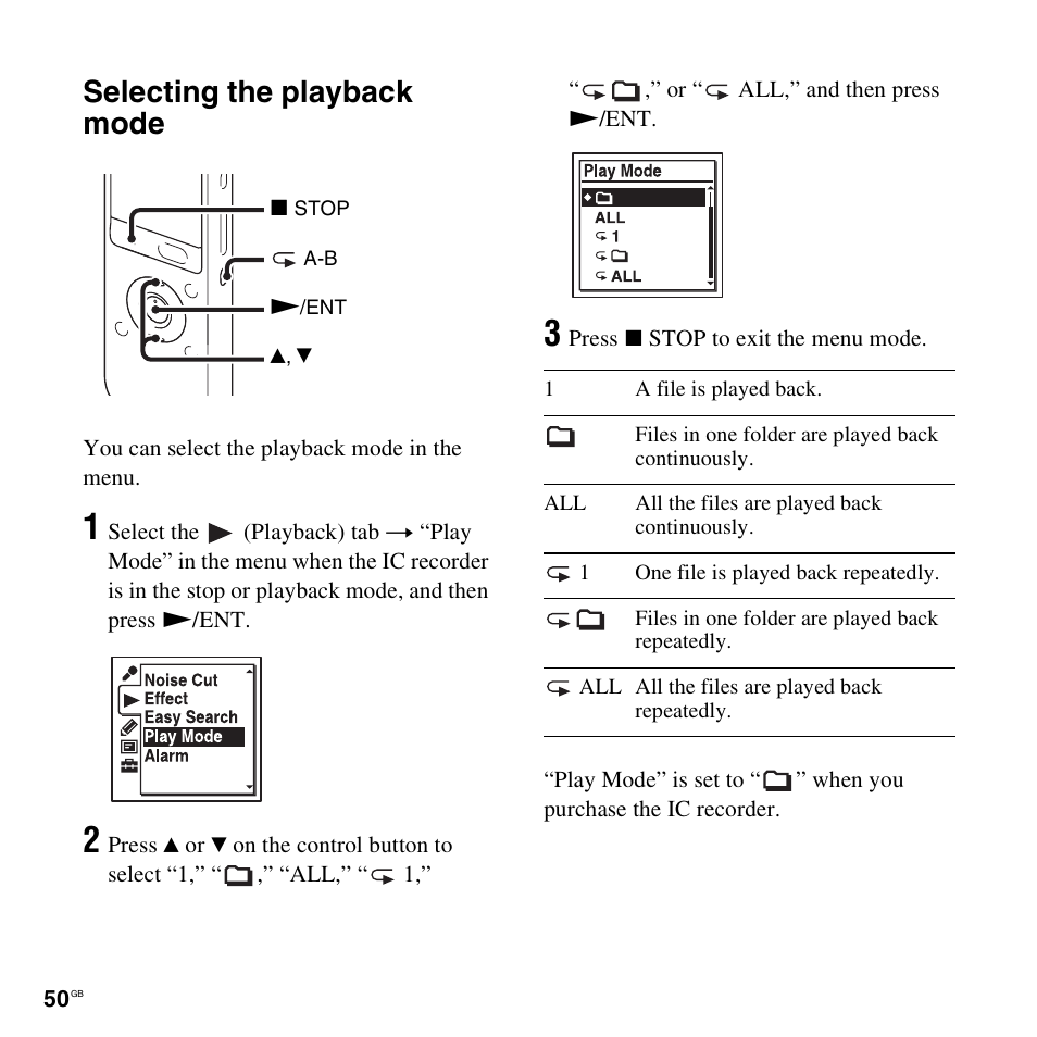 Selecting the playback mode | Sony ICD-UX512BLK User Manual | Page 50 / 128