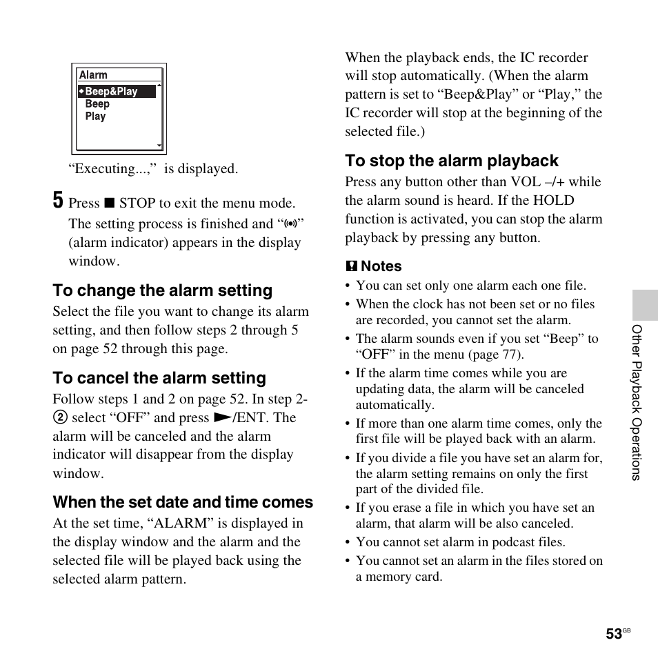 When the set date and time comes | Sony ICD-UX512BLK User Manual | Page 53 / 128