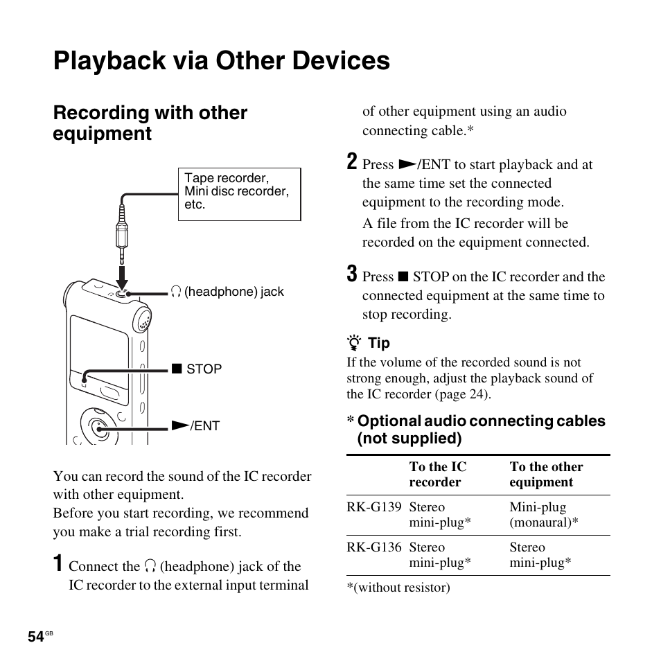 Playback via other devices, Recording with other equipment | Sony ICD-UX512BLK User Manual | Page 54 / 128