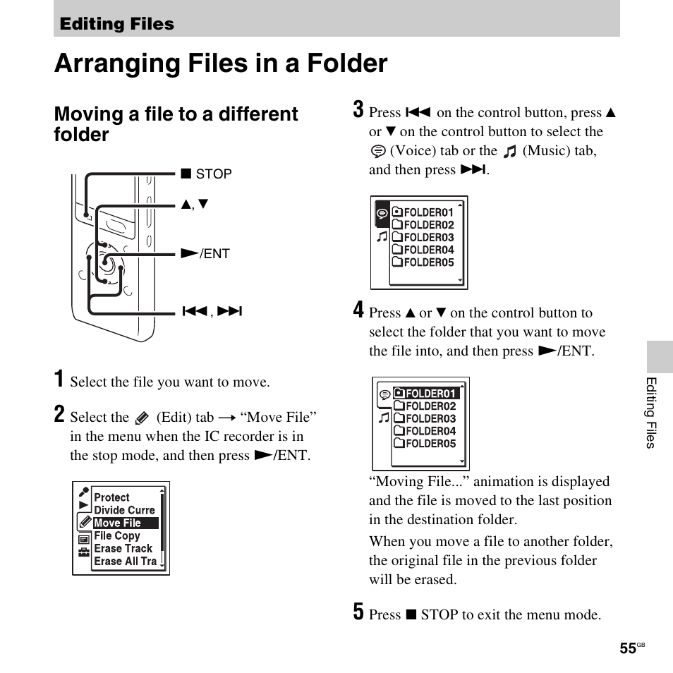 Editing files, Arranging files in a folder, Moving a file to a different folder | Sony ICD-UX512BLK User Manual | Page 55 / 128