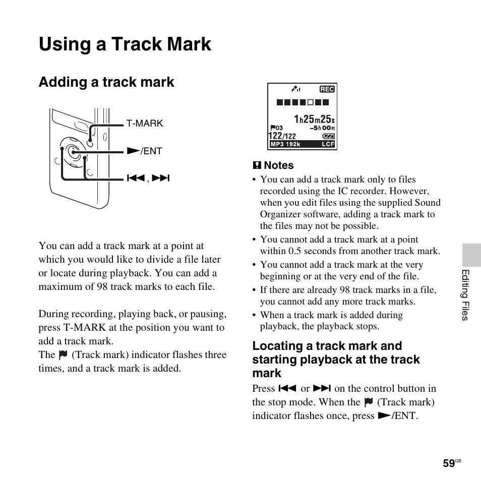 Using a track mark, Adding a track mark | Sony ICD-UX512BLK User Manual | Page 59 / 128