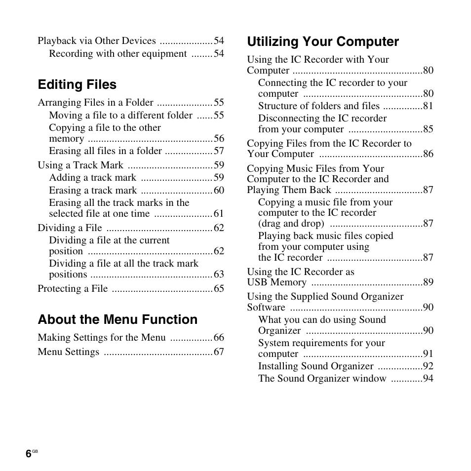 Editing files, About the menu function, Utilizing your computer | Sony ICD-UX512BLK User Manual | Page 6 / 128