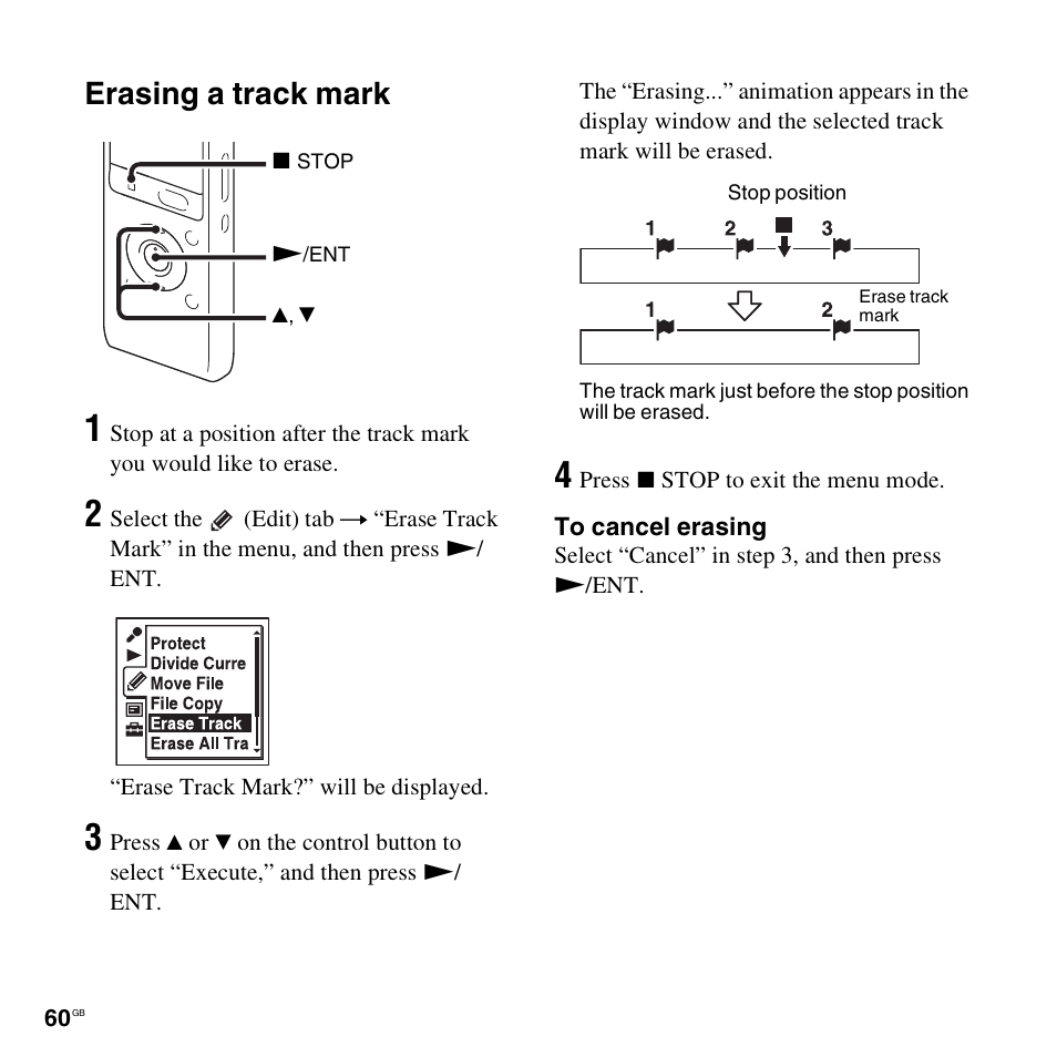 Erasing a track mark | Sony ICD-UX512BLK User Manual | Page 60 / 128