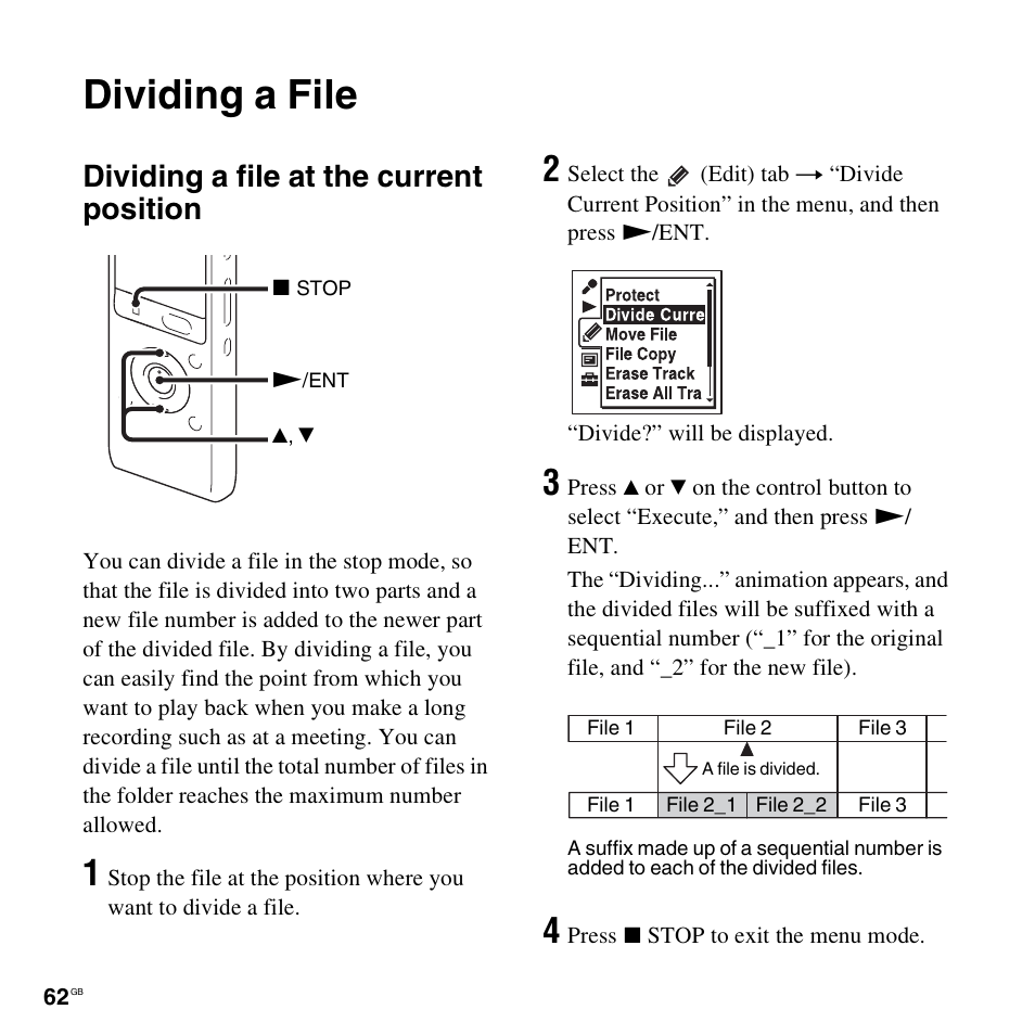 Dividing a file, Dividing a file at the current position | Sony ICD-UX512BLK User Manual | Page 62 / 128