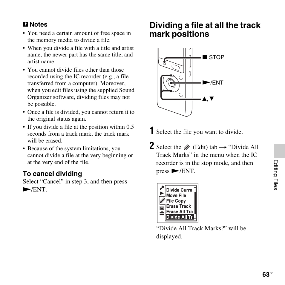 Dividing a file at all the track mark positions | Sony ICD-UX512BLK User Manual | Page 63 / 128
