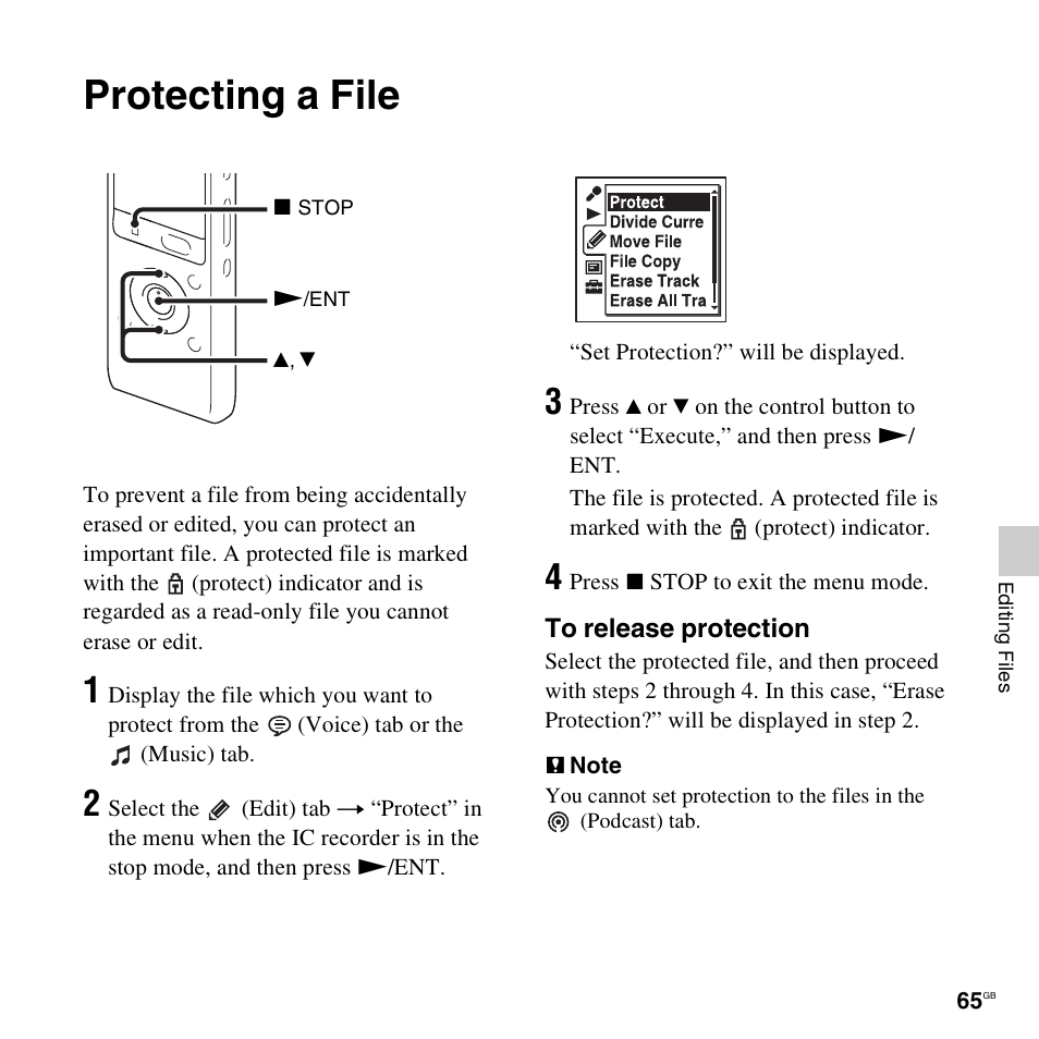 Protecting a file | Sony ICD-UX512BLK User Manual | Page 65 / 128