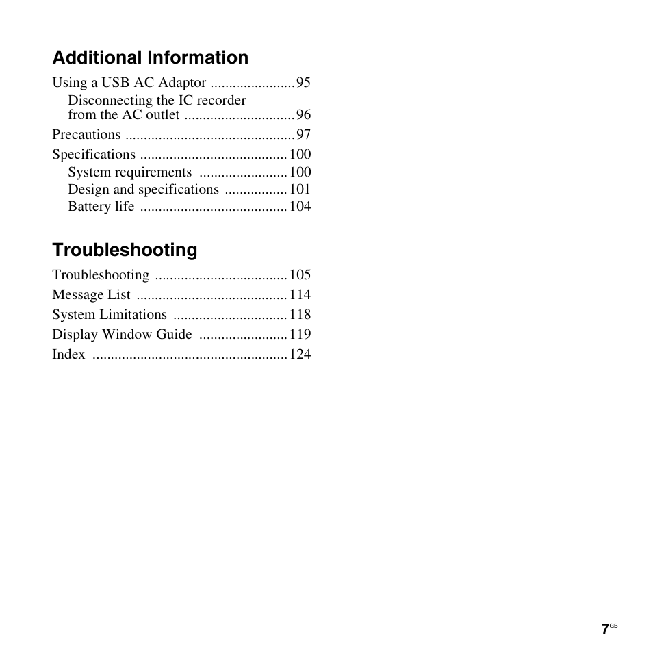 Additional information, Troubleshooting | Sony ICD-UX512BLK User Manual | Page 7 / 128