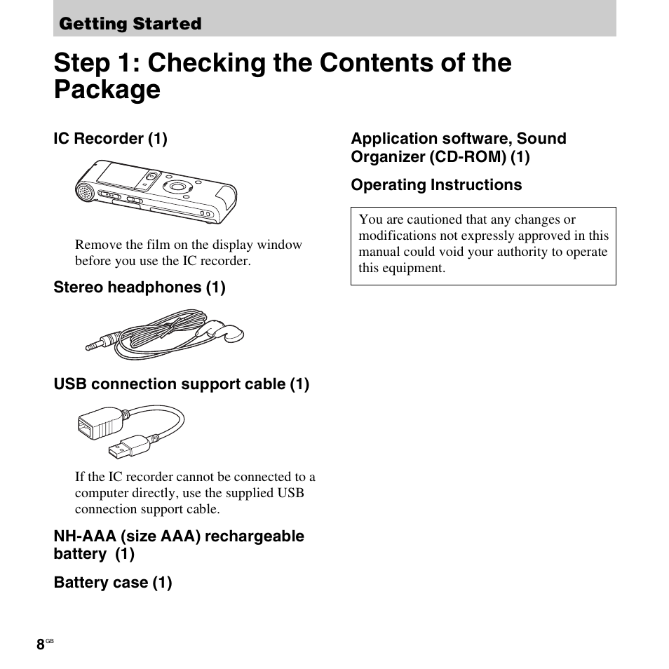 Getting started, Step 1: checking the contents of the package, Tting started | Sony ICD-UX512BLK User Manual | Page 8 / 128