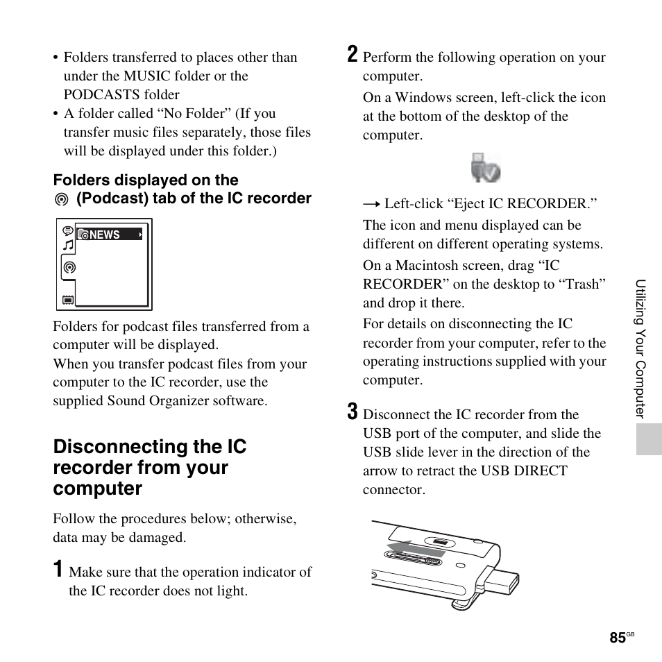 Disconnecting the ic recorder from your computer | Sony ICD-UX512BLK User Manual | Page 85 / 128