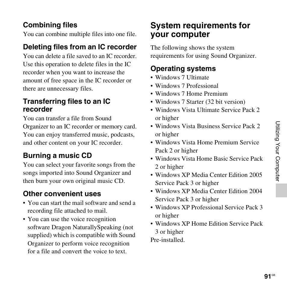 System requirements for your computer | Sony ICD-UX512BLK User Manual | Page 91 / 128