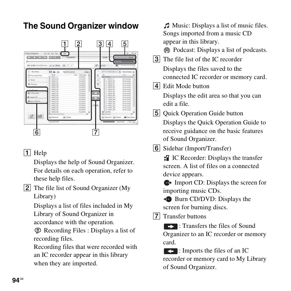 The sound organizer window | Sony ICD-UX512BLK User Manual | Page 94 / 128