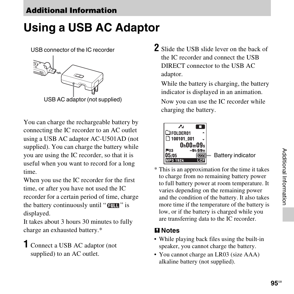 Additional information, Using a usb ac adaptor | Sony ICD-UX512BLK User Manual | Page 95 / 128