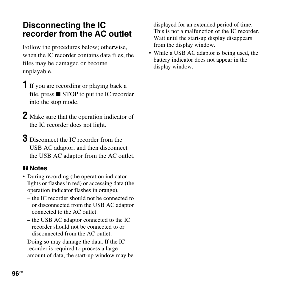 Disconnecting the ic recorder from the ac outlet | Sony ICD-UX512BLK User Manual | Page 96 / 128
