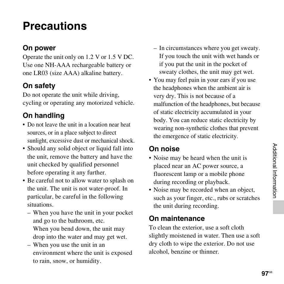 Precautions | Sony ICD-UX512BLK User Manual | Page 97 / 128