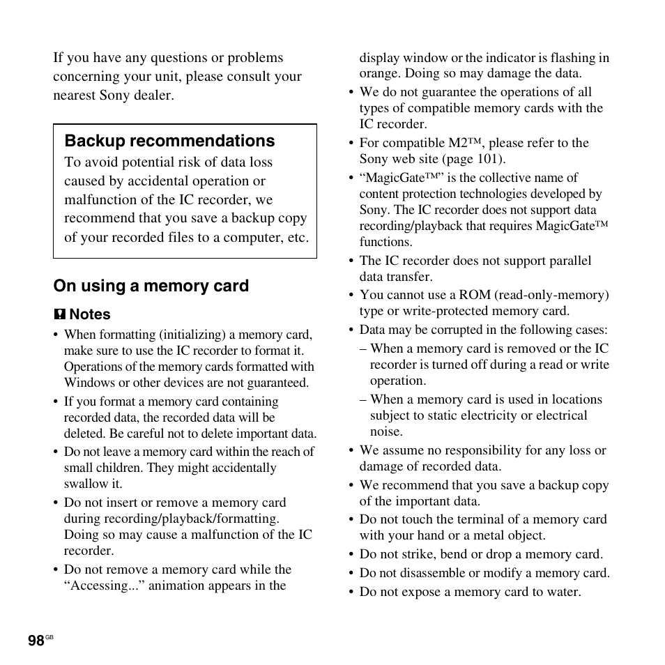 Backup recommendations | Sony ICD-UX512BLK User Manual | Page 98 / 128