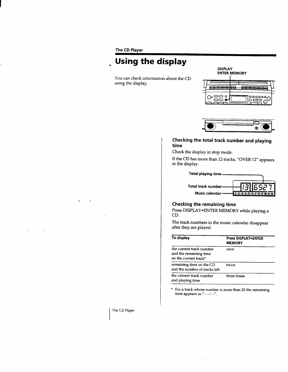 The cd player, Using the display, Checking the total track number and playing time | Checking the remaining time | Sony CFD-W57 User Manual | Page 12 / 35