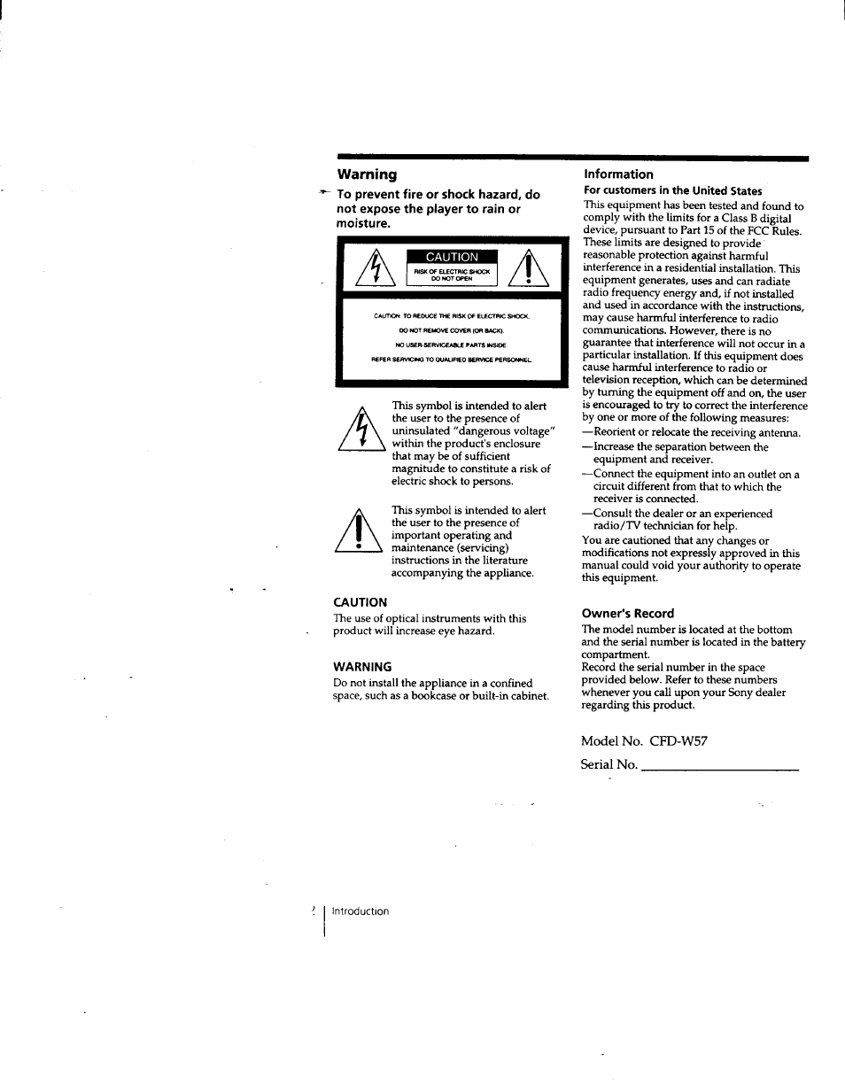 Warning, Caution, Information | Owner's record | Sony CFD-W57 User Manual | Page 2 / 35