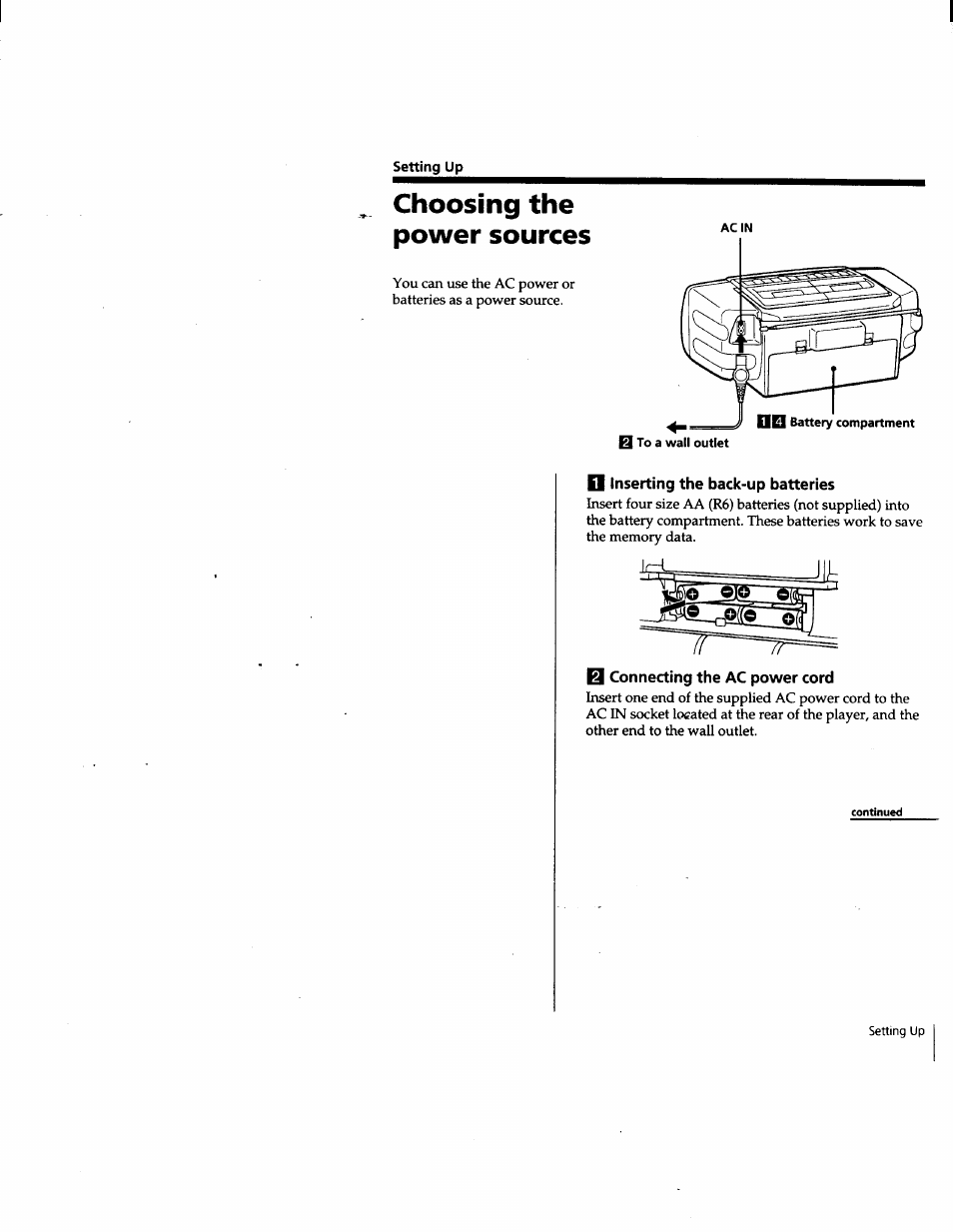 Setting up, Choosing the power sources, D inserting the back-up batteries | B connecting the ac power cord | Sony CFD-W57 User Manual | Page 25 / 35