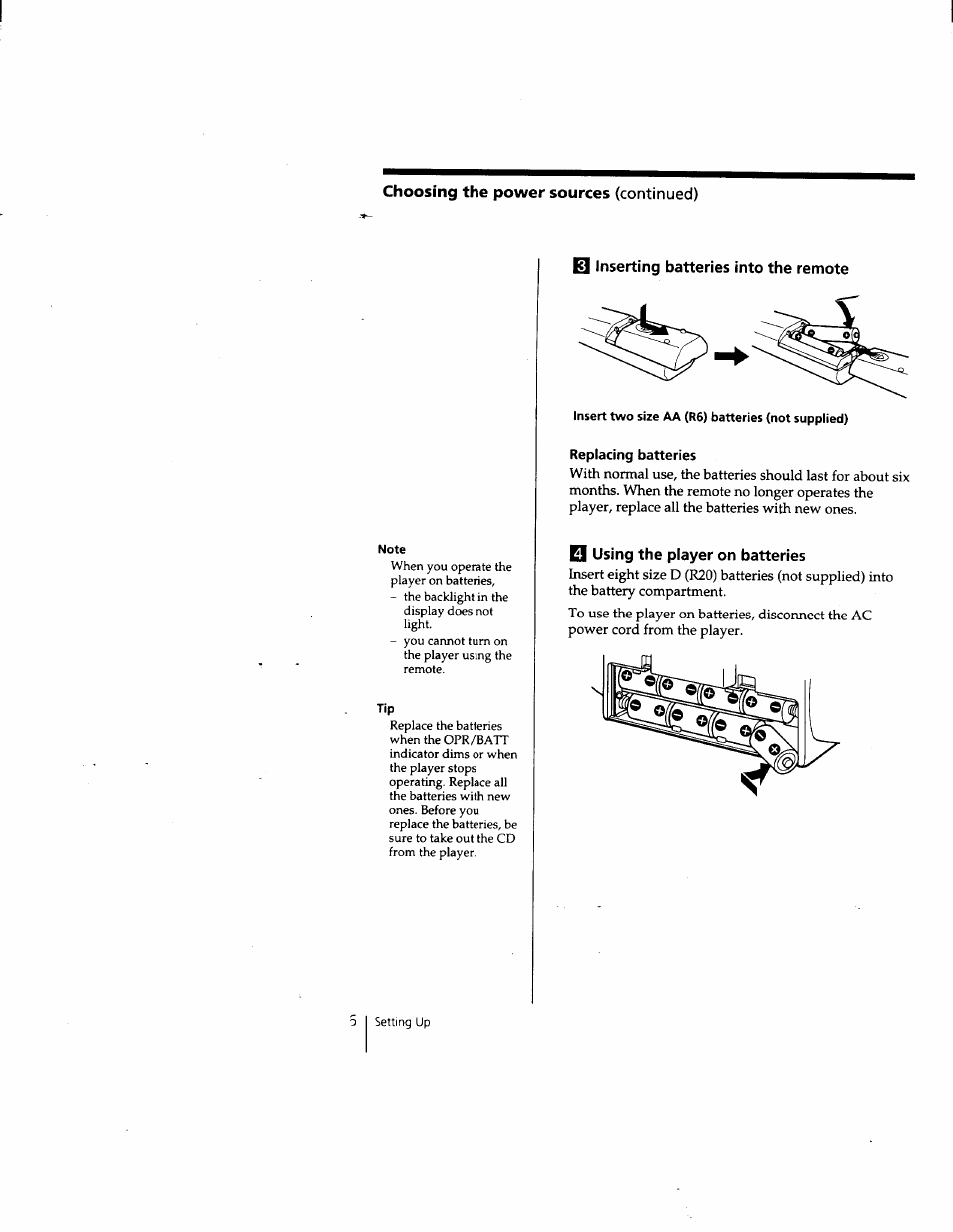 Choosing the power sources (continued), B inserting batteries into the remote, Insert two size aa (r6) batteries (not supplied) | Replacing batteries, Using the player on batteries | Sony CFD-W57 User Manual | Page 26 / 35