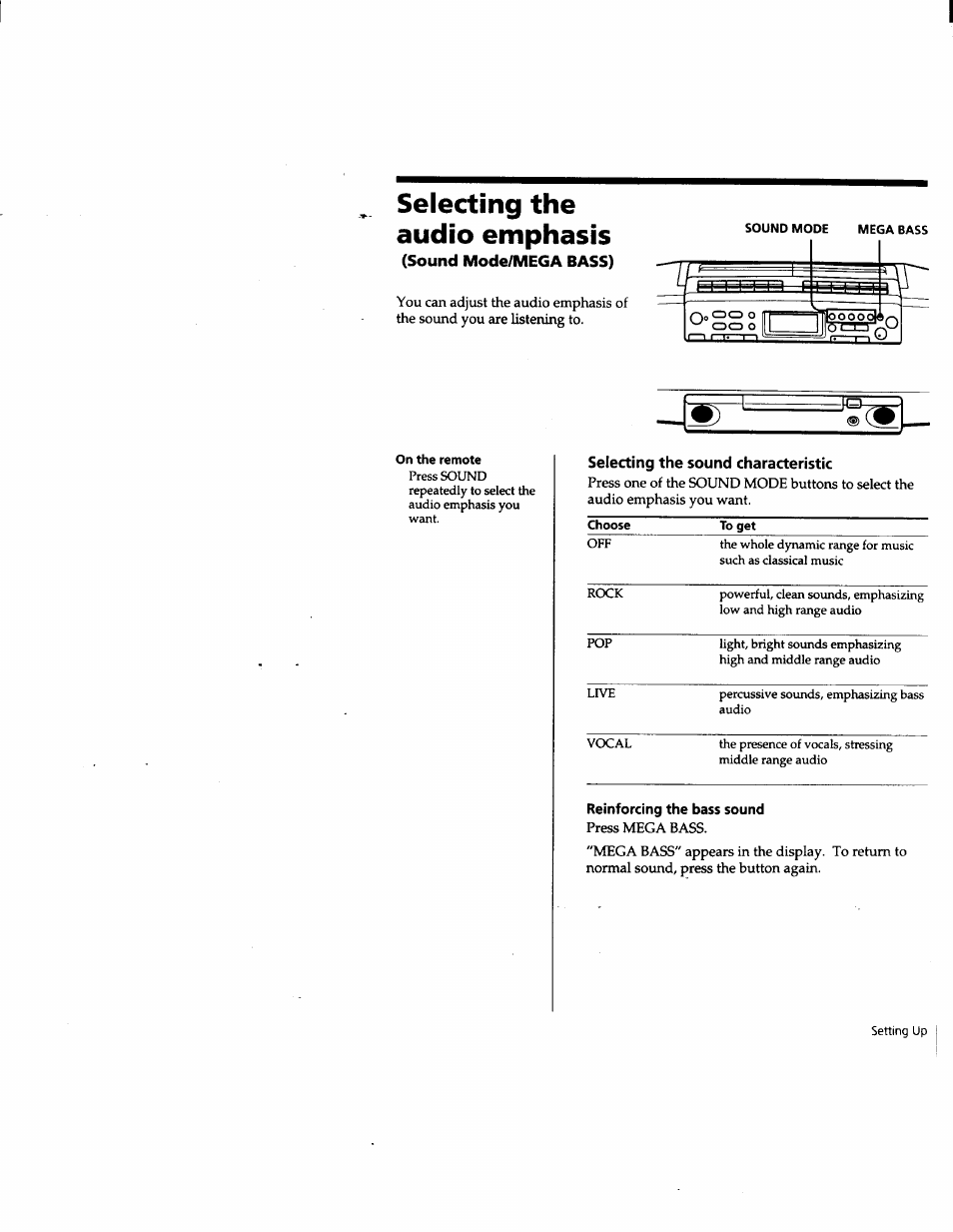 Selecting the audio emphasis, Selecting the sound characteristic, Reinforcing the bass sound | Sound mode/mega bass) | Sony CFD-W57 User Manual | Page 27 / 35