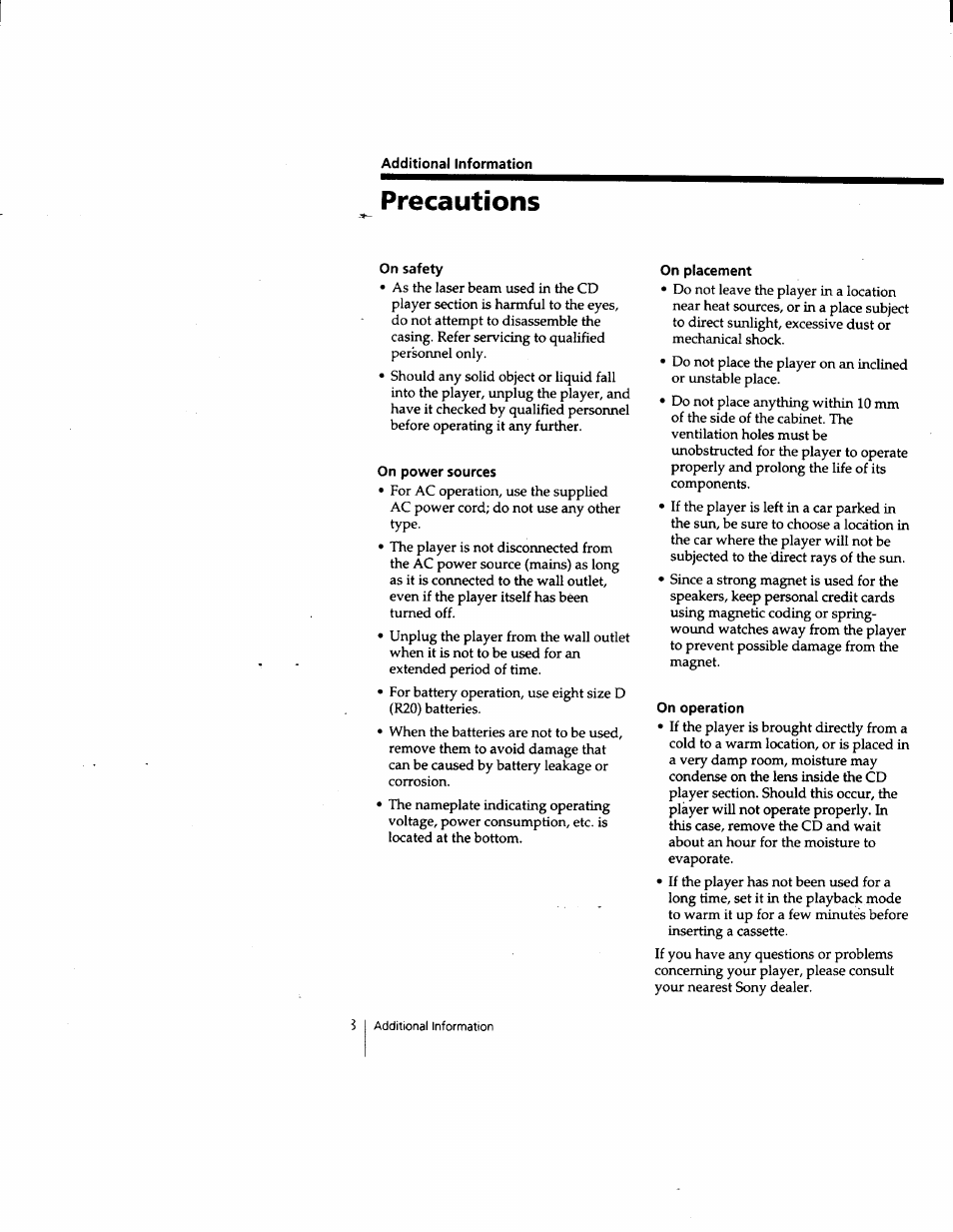 Additional information, Precautions, On safety | On power sources, On placement, On operation | Sony CFD-W57 User Manual | Page 28 / 35