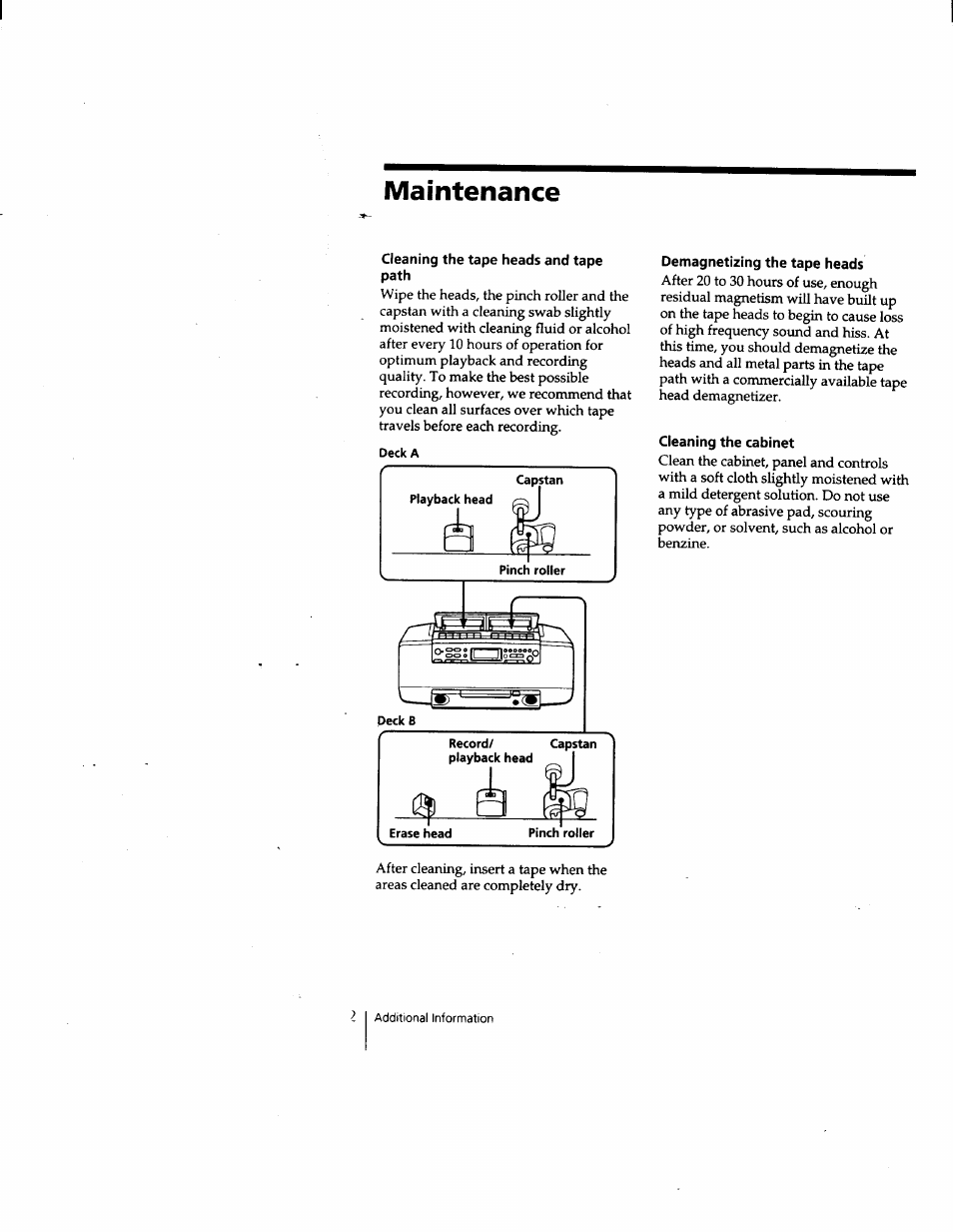 Maintenance, Cleaning the tape heads and tape path, Demagnetizing the tape heads | Cleaning the cabinet | Sony CFD-W57 User Manual | Page 32 / 35