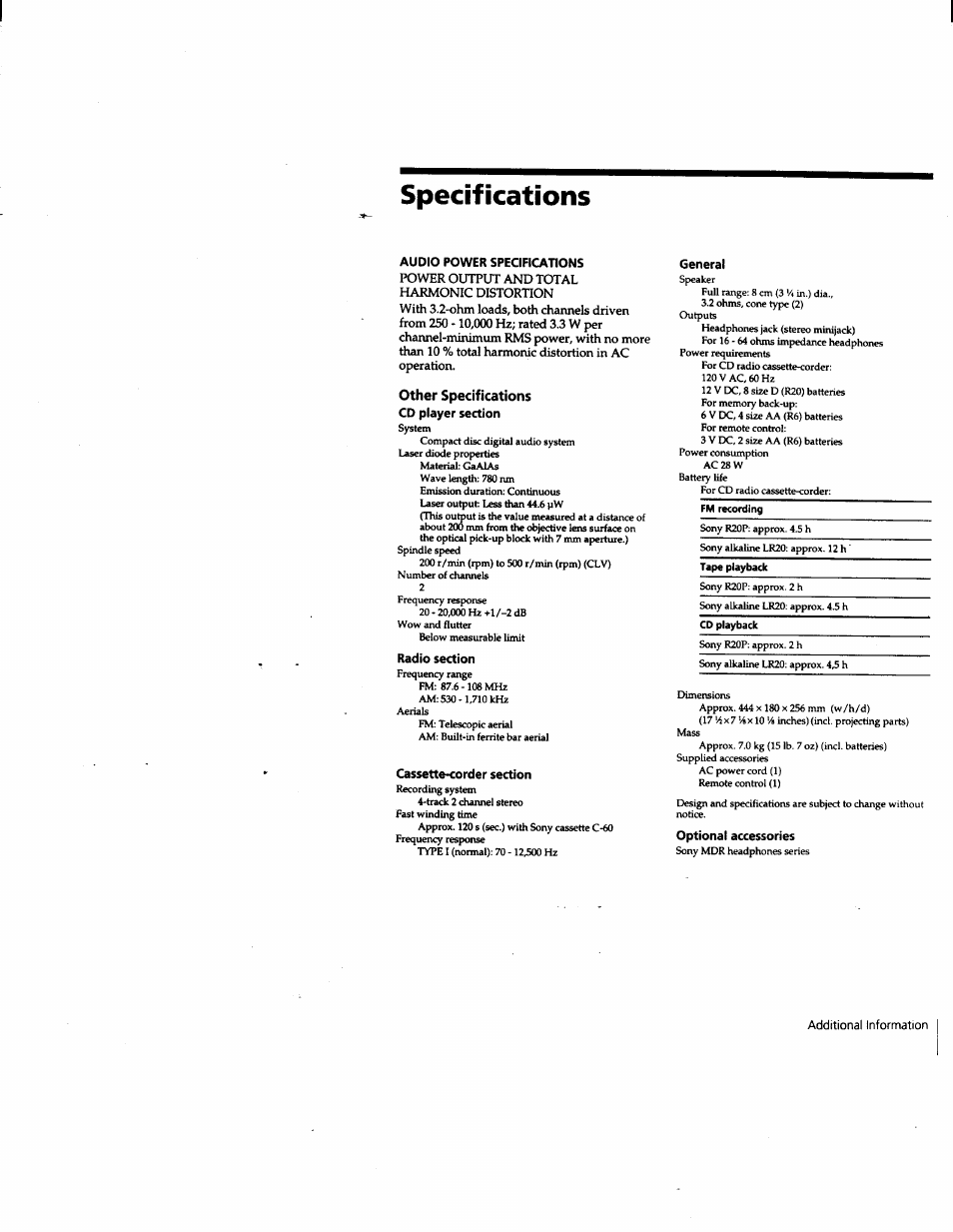 Specifications, Audio power specifications, Other specifications | Cd player section, Radio section, Cassette-corder section, General, Optional accessories | Sony CFD-W57 User Manual | Page 33 / 35