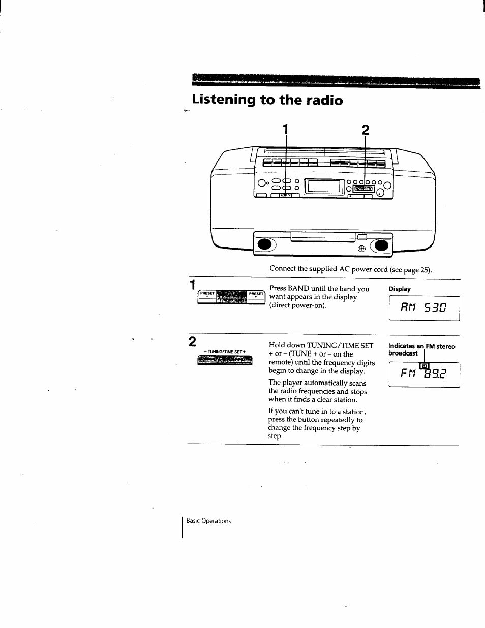 Display, Indicates an fm stereo broadcast i, Listening to the radio | Nn 530 | Sony CFD-W57 User Manual | Page 6 / 35