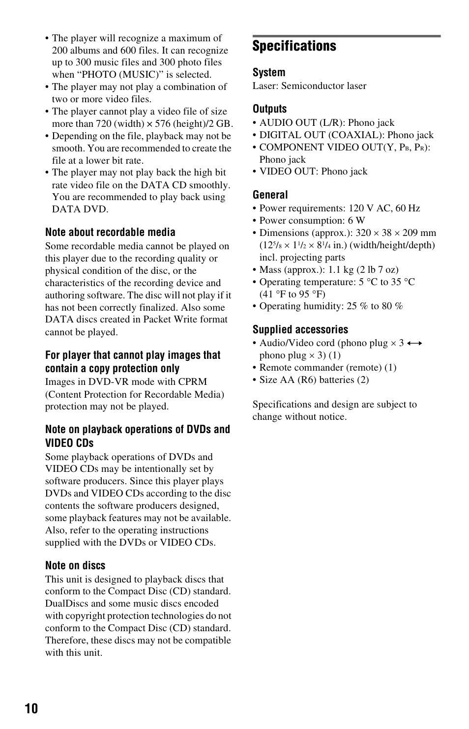 Specifications | Sony DVP-SR200P User Manual | Page 10 / 12