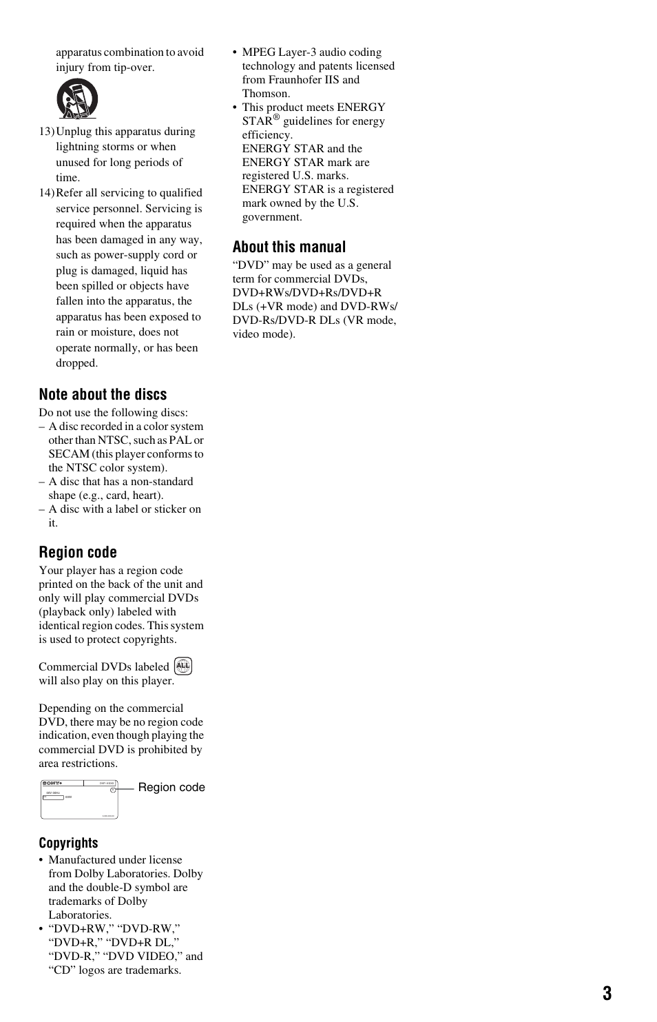 Region code, About this manual, Copyrights | Sony DVP-SR200P User Manual | Page 3 / 12