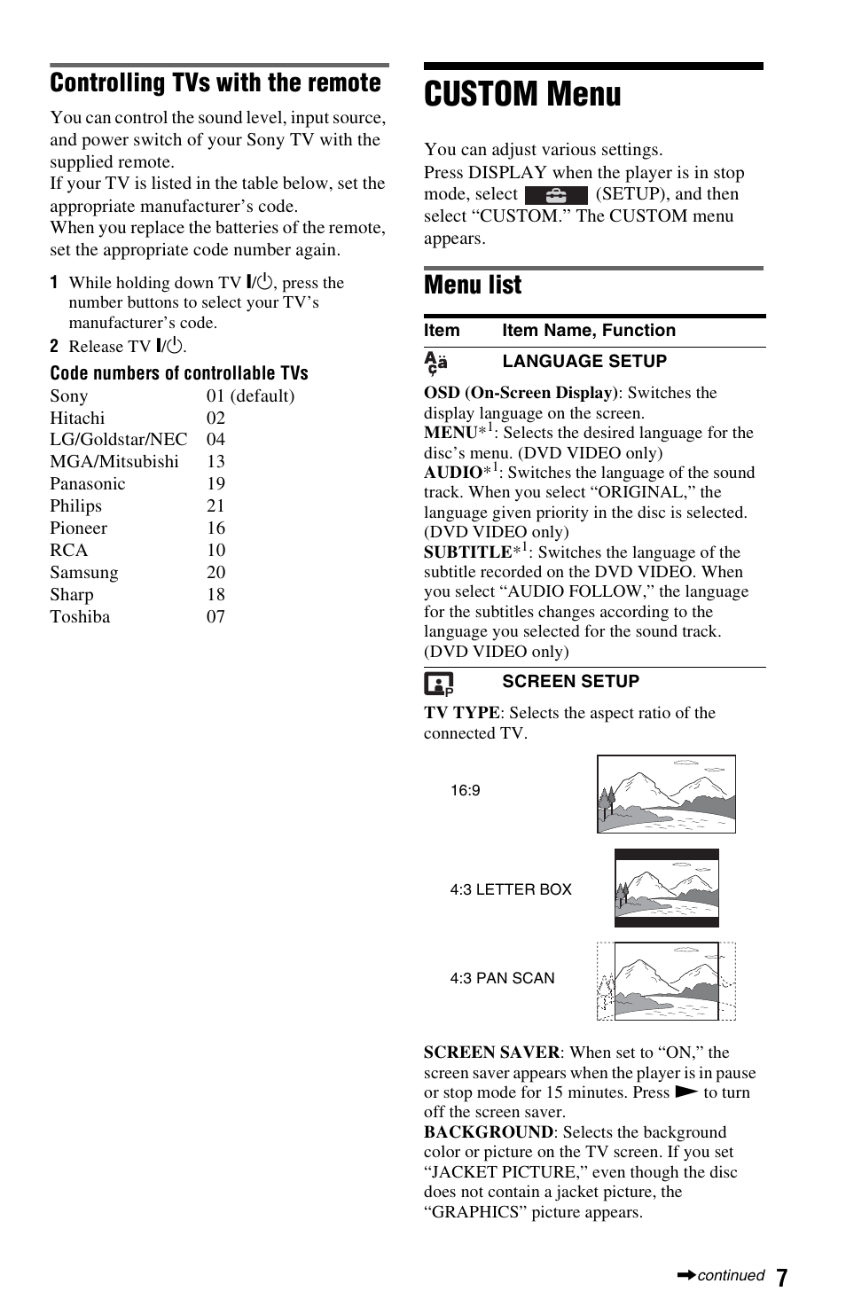 Controlling tvs with the remote, Custom menu, Menu list | Sony DVP-SR200P User Manual | Page 7 / 12