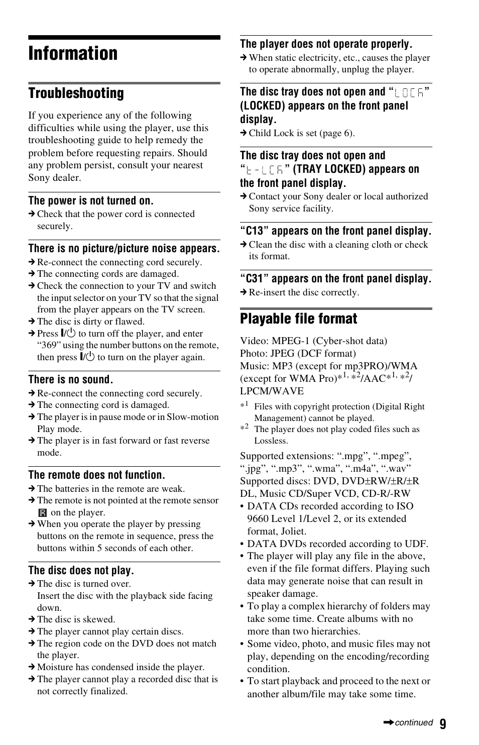 Information, Troubleshooting, Playable file format | Sony DVP-SR200P User Manual | Page 9 / 12