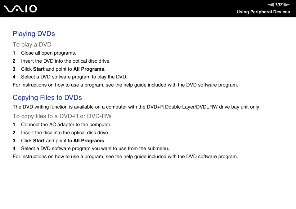 Playing dvds, Copying files to dvds | Sony VGN-AX570G User Manual | Page 107 / 237