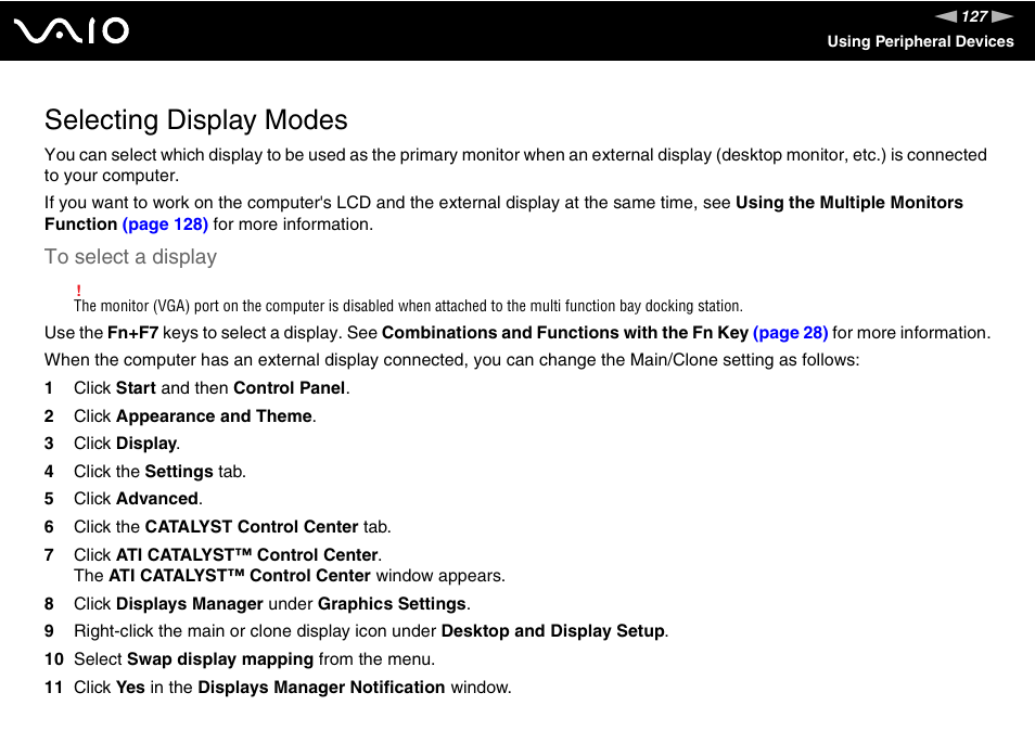 Selecting display modes | Sony VGN-AX570G User Manual | Page 127 / 237