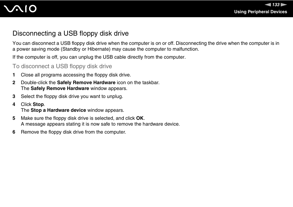 Disconnecting a usb floppy disk drive | Sony VGN-AX570G User Manual | Page 133 / 237